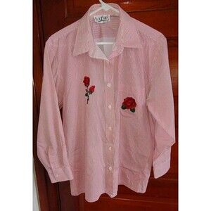 EUC Sz Large VTG 90s Button Striped Shirt Embroidered Roses